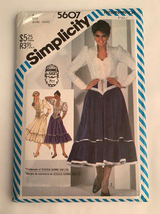 Simplicity Sewing Pattern 5607 Misses' Fitted Blouse, Yoked Skirt, Collar, Long/Short Sleeves, Zipper Back, Button Front, Size 6, Uncut, Vintage 1982