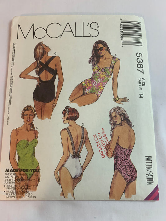 McCall's Sewing Pattern 5387 Misses' Bathing Suit, 4 Variations, Strap Variations, Two Way Stretch Knits, Criss-Cross, One Piece, Size 14, Uncut, Vintage 1991