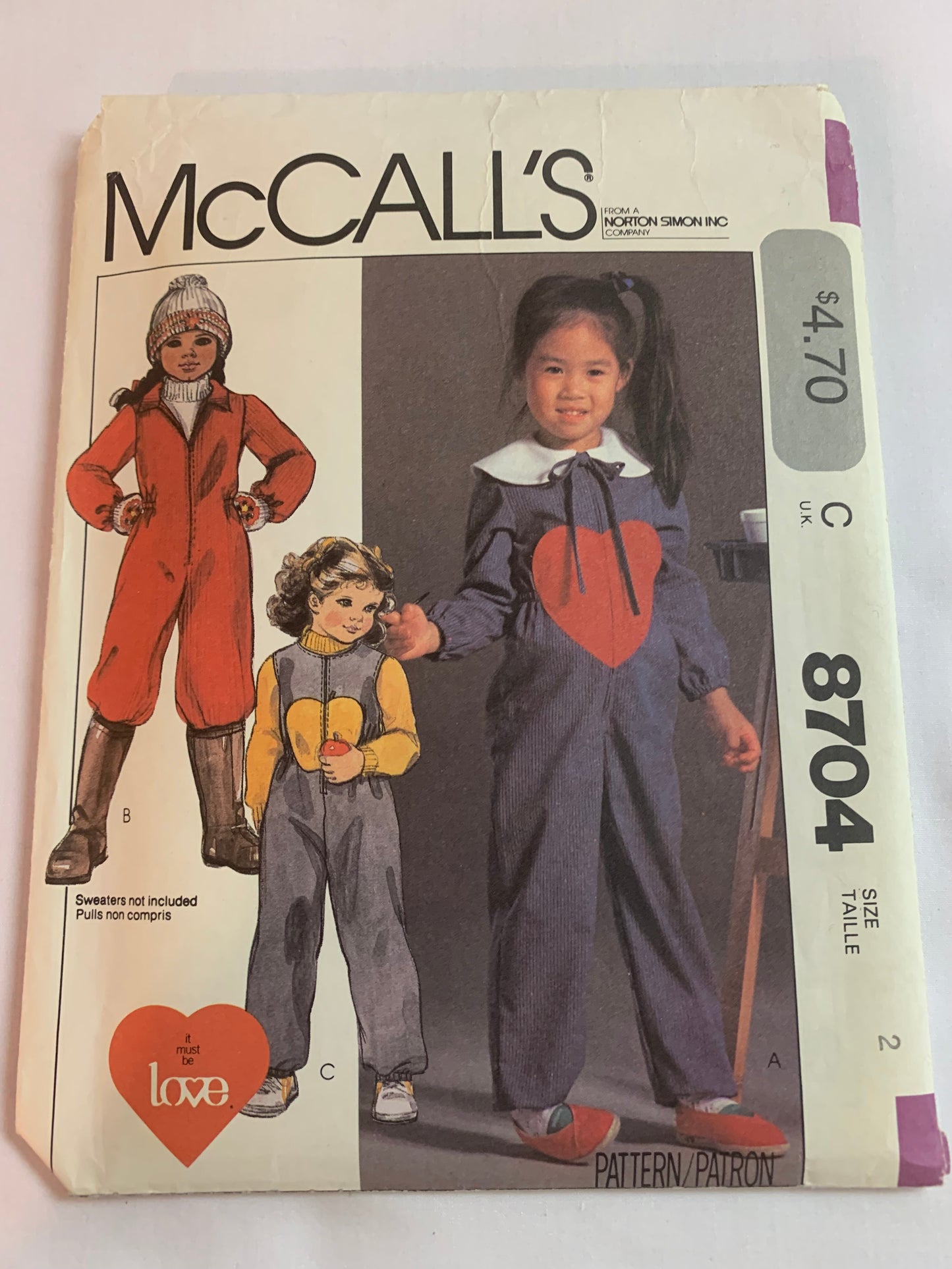 McCall's Sewing Pattern 8704 Toddlers'/Children's Jumpsuits, Zipper Front, Waist/Ankle Elastic, Collar, Sleeveless, Long Sleeves, Size 2, Uncut, Vintage 1983