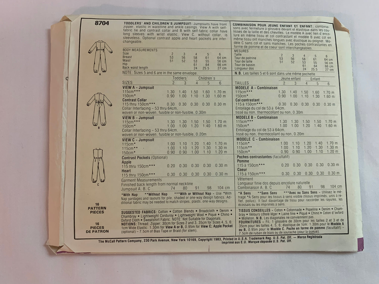 McCall's Sewing Pattern 8704 Toddlers'/Children's Jumpsuits, Zipper Front, Waist/Ankle Elastic, Collar, Sleeveless, Long Sleeves, Size 2, Uncut, Vintage 1983