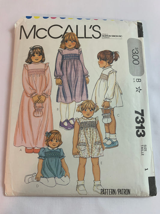 McCall's Sewing Pattern 7313 Girls' Dresses,Bag, Transfers, Gathered Skirt, Long/Short Sleeves, Ruffles, Button Back, Size 1, Uncut, Vintage 1980