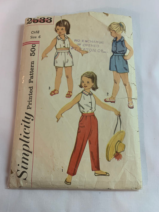 Simplicity Sewing Pattern 2533 Girls' Top, Pants, Shorts, Sleeveless, Pockets, Sleeveless, Elastic Waist, Size 6, Uncut, Vintage 1960