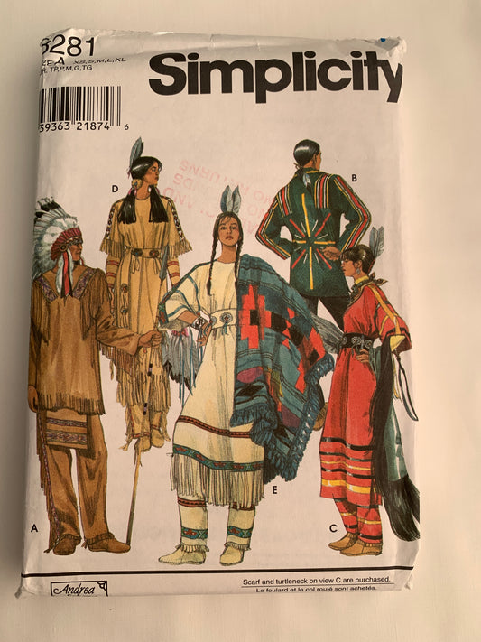 Simplicity Sewing Pattern 8281 Adult Costumes, Halloween, Native American, Top, Pants, Dress, Leggings, Shawl, Size30-48, Uncut, Vintage 1994