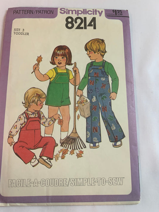 Simplicity Sewing Pattern 8214 Toddlers' Overalls, Two Lengths, Shoulder Straps, Snap Crotch, Uncut, Vintage 1977