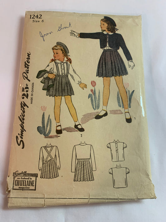 Simplicity Sewing Pattern 1242 Children's/Girls' Bolero, Skirt, Blouse, Long/Short Sleeves, Button Front, Peter Pan Collar, Pleats, Size Size 6, Uncut, Vintage 1940's