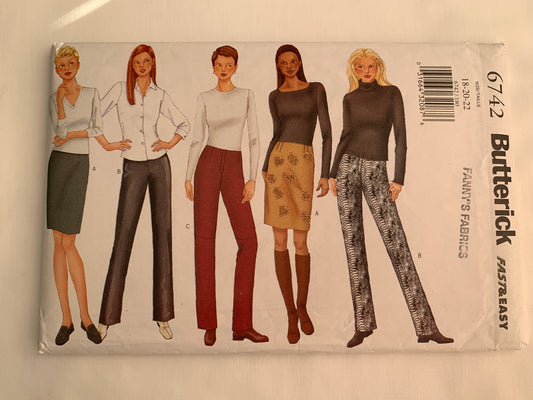 Butterick Sewing Pattern 6742 Misses'/Misses' Petite Skirt, Pants, Semi Fitted, Long Sleeves, Lined, Straight, Zipper, Contour Waist, Size 18-22, Uncut, 2000