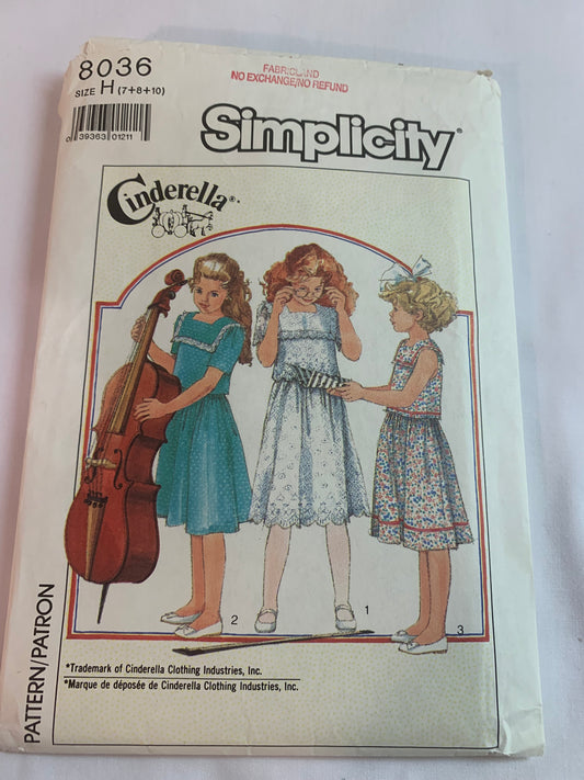 Simplicity Sewing Pattern 8036 Girls' Dress, Lined, Elastic Waist, Collar, Gathered Skirt, Short Sleeves, 3 Variations, Size 7-10, Uncut, Vintage 1986