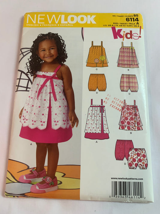 Simplicity New Look Sewing Pattern 6114 Girls' Toddlers' Dress, Top, Shorts, Shoulder Straps, Elastic Waist, Size 1/2-4, Uncut, 2012