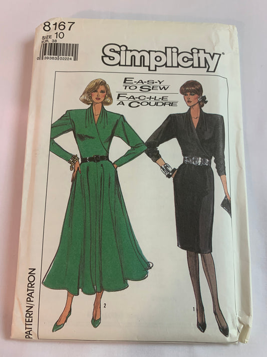 Simplicity Sewing Pattern 8167 Misses' Dress, Two Lengths, Zipper Back, Full Gathered Skirt, Collar, Long Sleeves, Size 10, Uncut, Vintage 1987