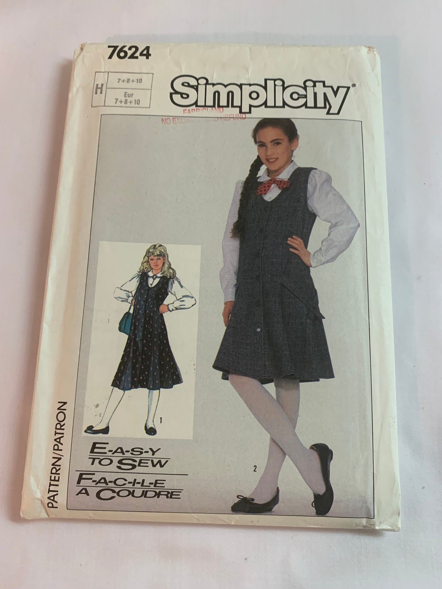 Simplicity Sewing Pattern 7624 Girls' Dress, Jumper, Blouse, Long Sleeves, Two Lengths, Button Front, Princess Seams, Flared, Size 7-10, Uncut, Vintage 1986