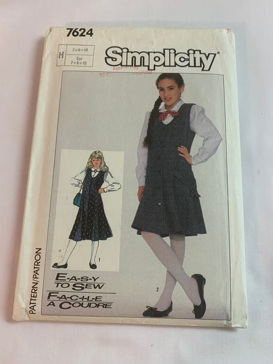 Simplicity Sewing Pattern 7624 Girls' Dress, Jumper, Blouse, Long Sleeves, Two Lengths, Button Front, Princess Seams, Flared, Size 7-10, Uncut, Vintage 1986