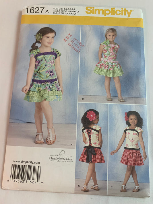 Simplicity Sewing Pattern 1627 Girls' Top, Skirt, Tiers, Low Waist, Sleeveless, Zipper Back, 3 Variations, Size 3-8, Uncut, 2012