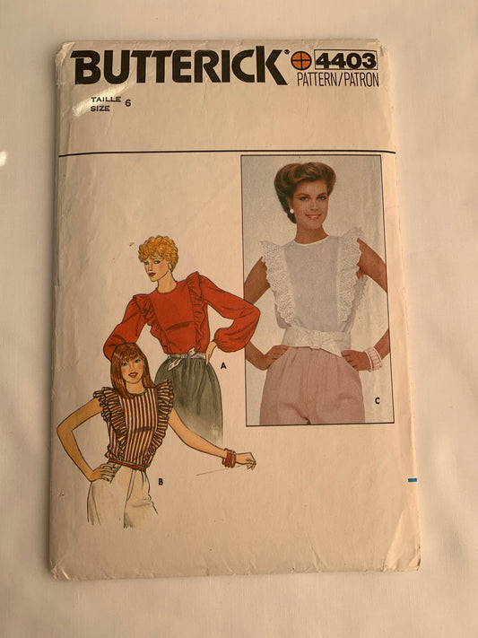 Butterick Sewing Pattern 4403 Misses' Blouse, 3 Variations, Long Sleeves, Sleeveless, Pullover, Semi-Fitted, Size 6, Uncut, Vintage 1980
