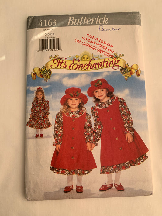 Butterick Sewing Pattern 4163 Girls' Dress, Pinafore, Hat, Semi-fitted, Zipper Back, Flared, Long Sleeves, Size 5-6X, Uncut, Vintage 1995