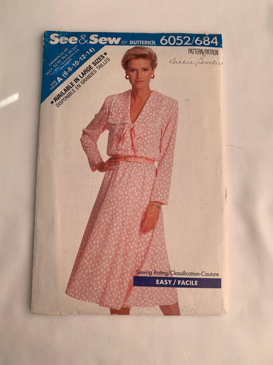 Butterick See & Sew Sewing Pattern 6052 Misses' Dress, Long Sleeves, Flared Skirt, Loose-Fitting, Shoulder Pads, Zipper Back, Size 6-14, Uncut, Vintage 1988