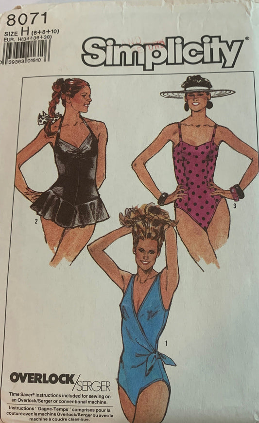 Simplicity Sewing Pattern 8071 Misses' Bathing Suits, Swimwear, Sleeveless, Shoulder Straps, One Piece, 3 Variations Princess Seams, Ruffles, Size 6-10, Uncut, Vintage 1986
