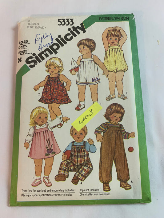 Simplicity Sewing Pattern 5333 Babies' Infants' Overalls, Two Lengths, Sundress, Jumper, Bubble Suit, Transfers, Shoulder Straps, Snap Fasteners, Size 2, Uncut, Vintage 1981