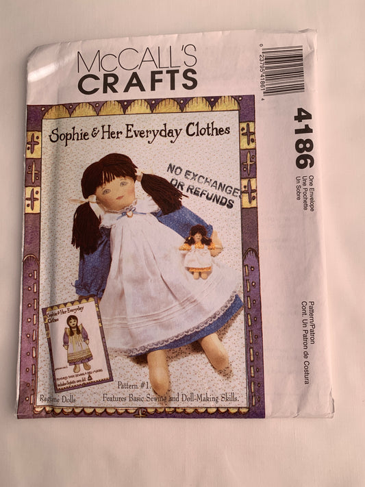 McCall's Sewing Pattern 4186 Sophie 21" Doll Clothes, Playmate Doll, Dress, Pants, Apron, Pinafore, Uncut, 2003