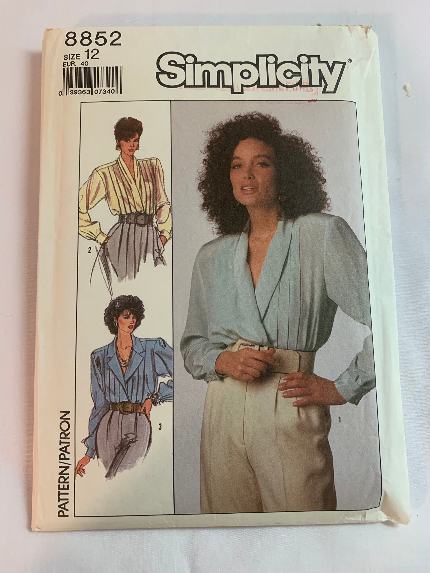 Simplicity Sewing Pattern 8852 Misses' Blouse, Double Breasted, Long Sleeves, Tucks, Pleats, Shawl Collar, Size 12, Uncut, Vintage 1989
