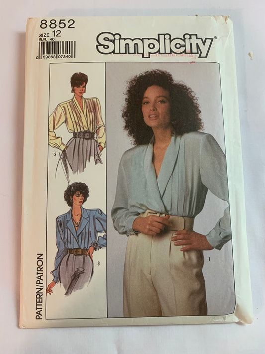 Simplicity Sewing Pattern 8852 Misses' Blouse, Double Breasted, Long Sleeves, Tucks, Pleats, Shawl Collar, Size 12, Uncut, Vintage 1989