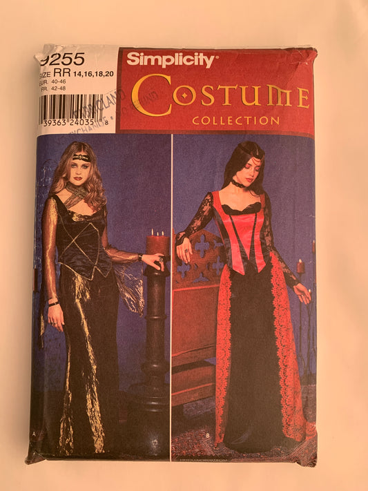 Simplicity Sewing Pattern 9255 Adult, Misses' Costumes, Halloween, Gothic, Top, Skirt, Long Sleeves, Headpiece, Size 14-20, Cut, 2000