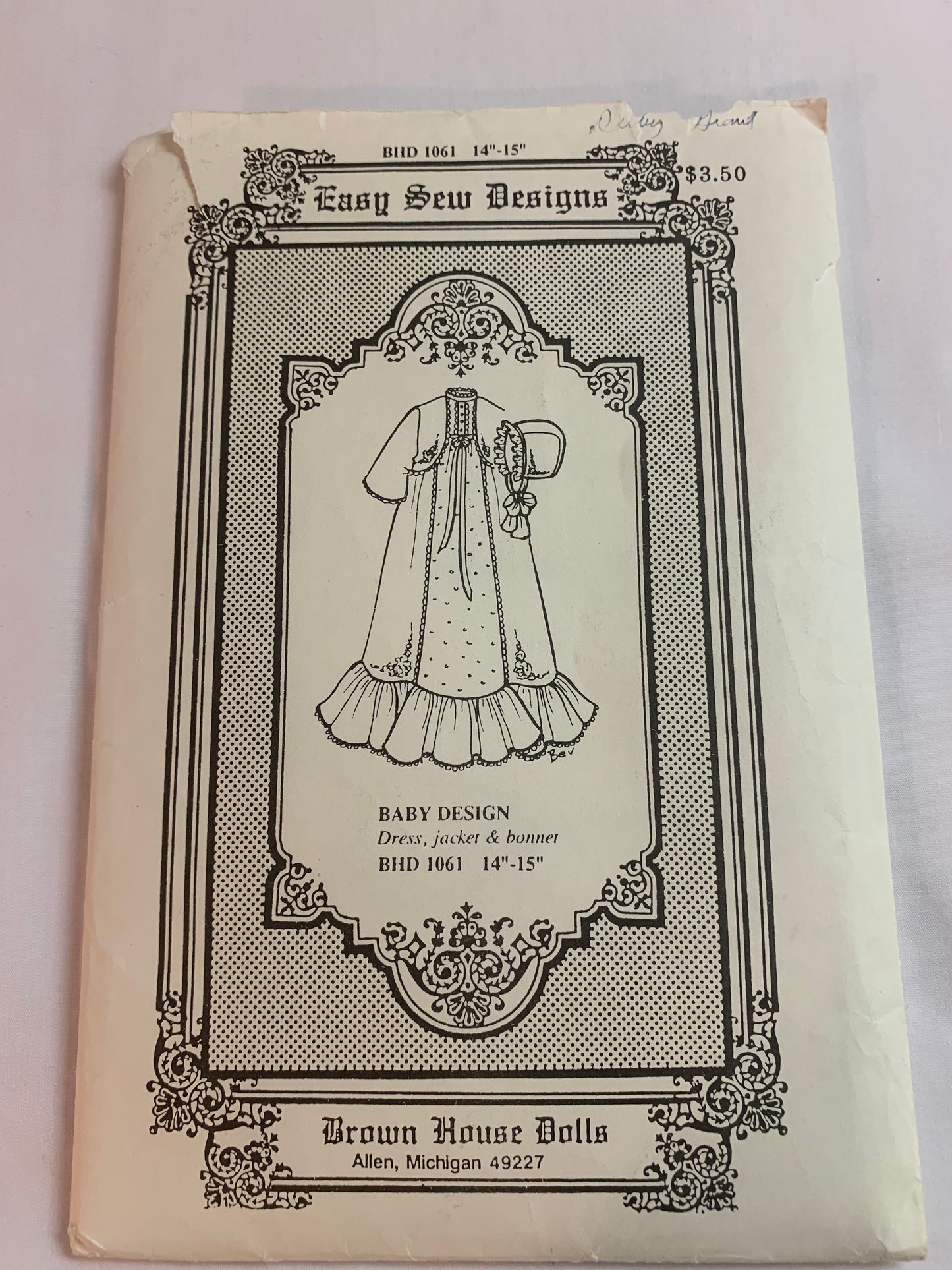 Brown House Dolls Sewing Pattern 1061 Baby Doll Design Dress, Jacket, Bonnet, 14-15 Inch Doll, Cut, Vintage 1993