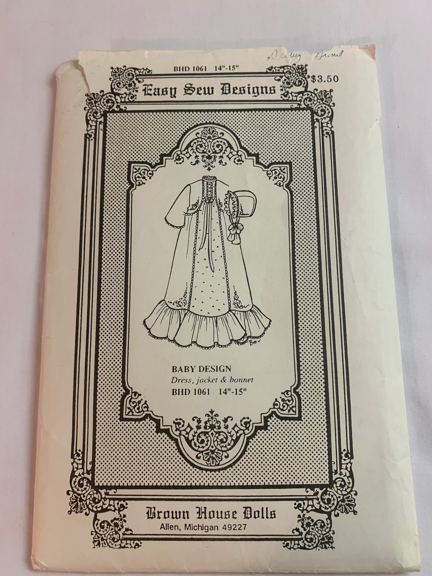 Brown House Dolls Sewing Pattern 1061 Baby Doll Design Dress, Jacket, Bonnet, 14-15 Inch Doll, Cut, Vintage 1993