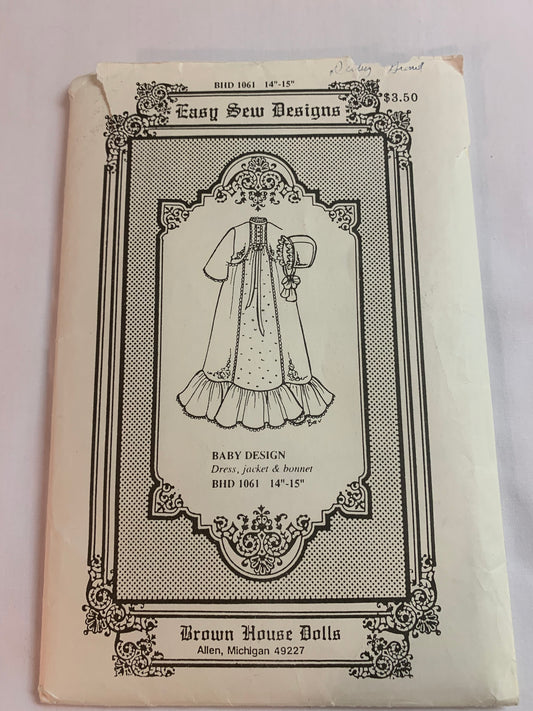Brown House Dolls Sewing Pattern 1061 Baby Doll Design Dress, Jacket, Bonnet, 14-15 Inch Doll, Cut, Vintage 1993