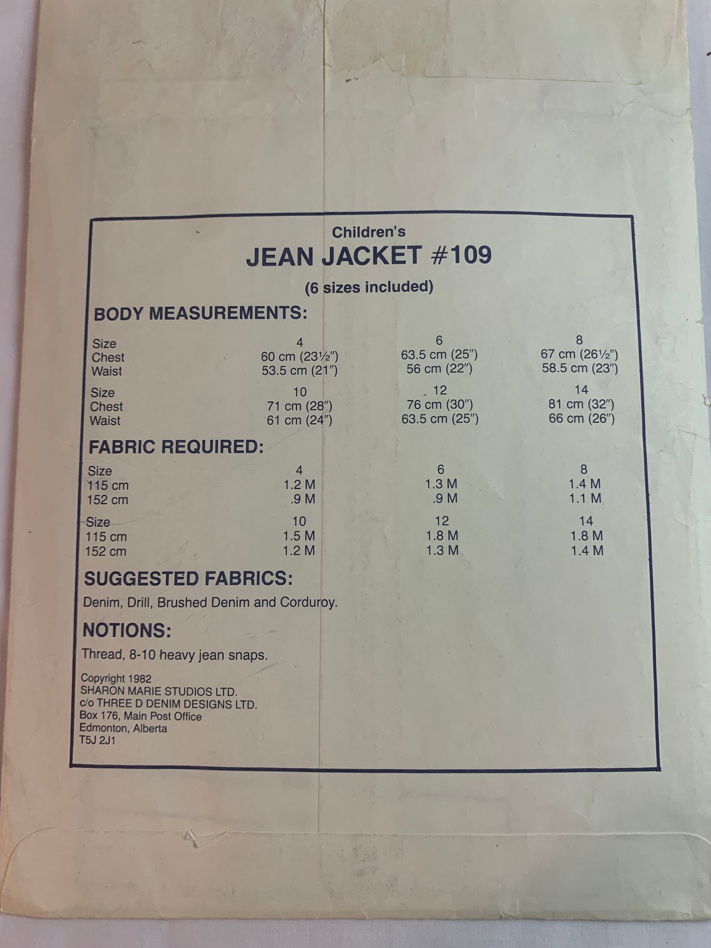 Denim Designer Sewing Pattern 109 Girls'/Boys' Jean Jacket, Snap/Button Closure, Long Sleeves, Cuffs, Pockets, Cut, Size 4-14, Vintage 1982