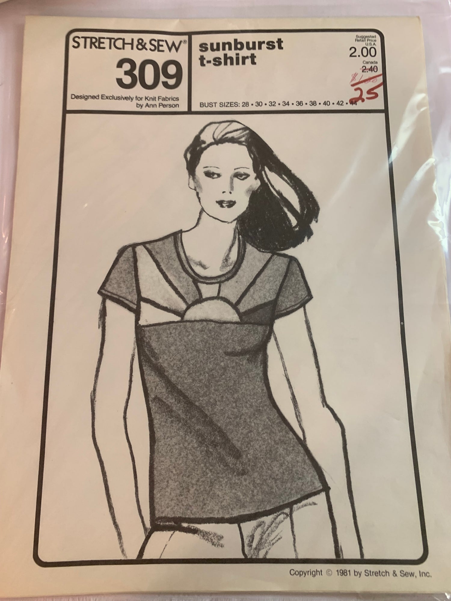 Stretch & Sew Sewing Pattern 309 Misses' T-Shirt, Sunburst, Short Sleeves, Pullover, Size Bust 28-44, Uncut, Vintage 1981
