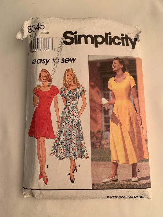Simplicity Sewing Pattern 8345 Misses'/Women's Petite Dresses, Two Lengths, Zipper Back, Princess Seams, Short Sleeves, Fitted, Size 18-22, Cut, Vintage 1993