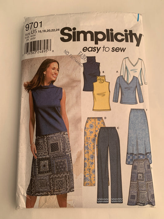 Simplicity Sewing Pattern 9701 Misses' Knit Tops, Pants, Skirt, Two Lengths, Long Sleeves, Sleeveless, Elastic Waist, Size 16-24, Cut, 2001