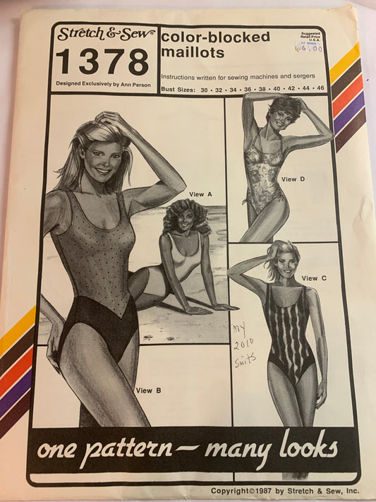 Stretch & Sew Sewing Pattern 1378 Misses' Swimsuit, Swimwear, Color-Blocked Maillots, 4 Variations, Size Bust 30-46, Uncut, Vintage 1987
