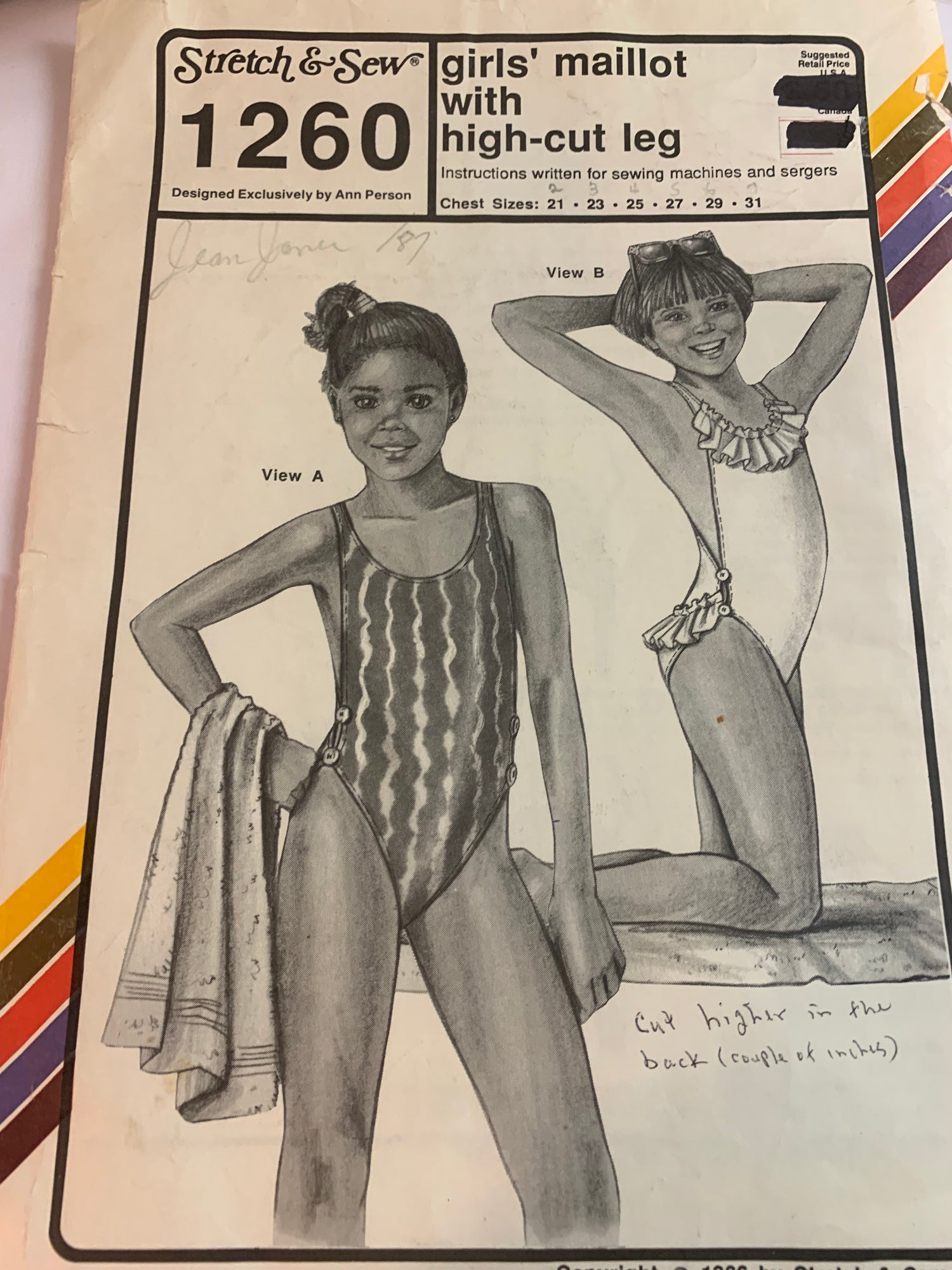 Stretch & Sew Sewing Pattern 1260 Girls' Bathing Suit, Swimwear, High Cut Leg, 2 Variations, Size Chest 21-31, Uncut, Vintage 1986