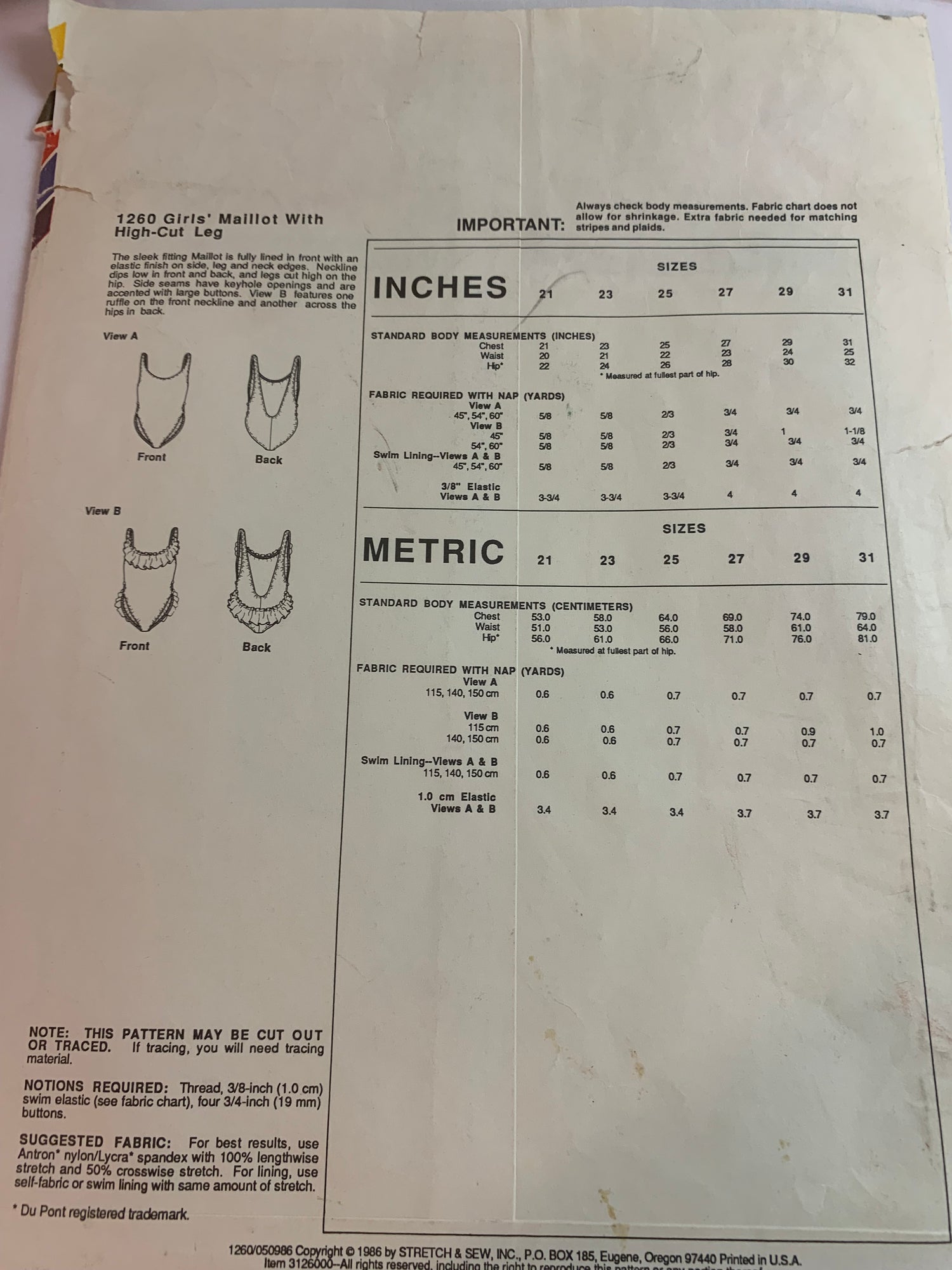 Stretch & Sew Sewing Pattern 1260 Girls' Bathing Suit, Swimwear, High Cut Leg, 2 Variations, Size Chest 21-31, Uncut, Vintage 1986