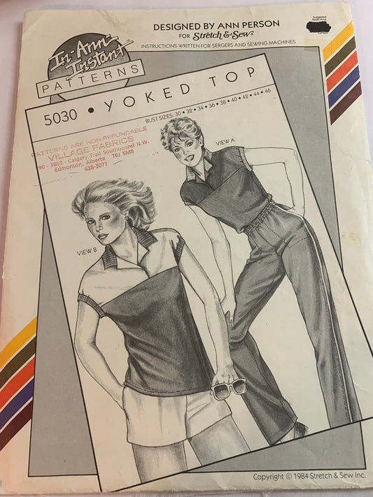 Stretch & Sew Sewing Pattern 5030 Misses' Yoked Top, Cap Sleeves, Pullover, 2 Variations, Size Bust 30-46, Uncut, Vintage 1984