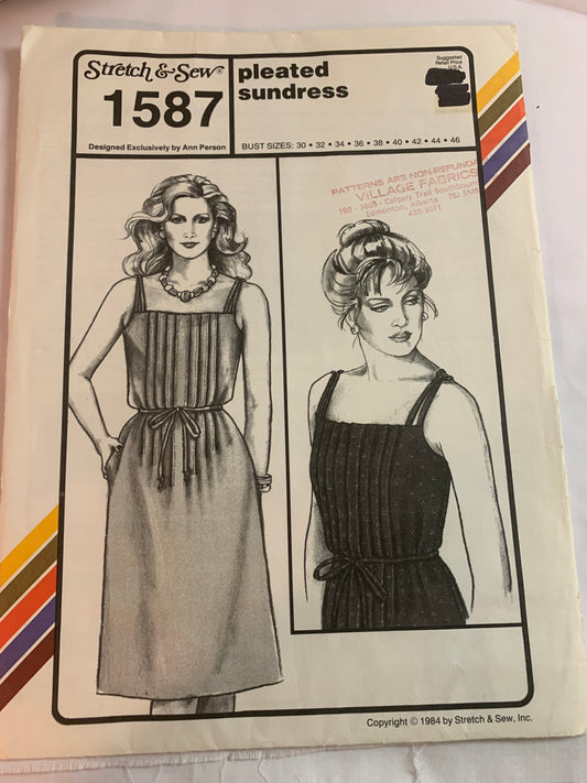 Stretch & Sew Sewing Pattern 1587 Misses' Pleated Sundress, Sleeveless, Shoulder Straps, Pleats, Zipper Back, Size Bust 30-46, Uncut, Vintage 1984