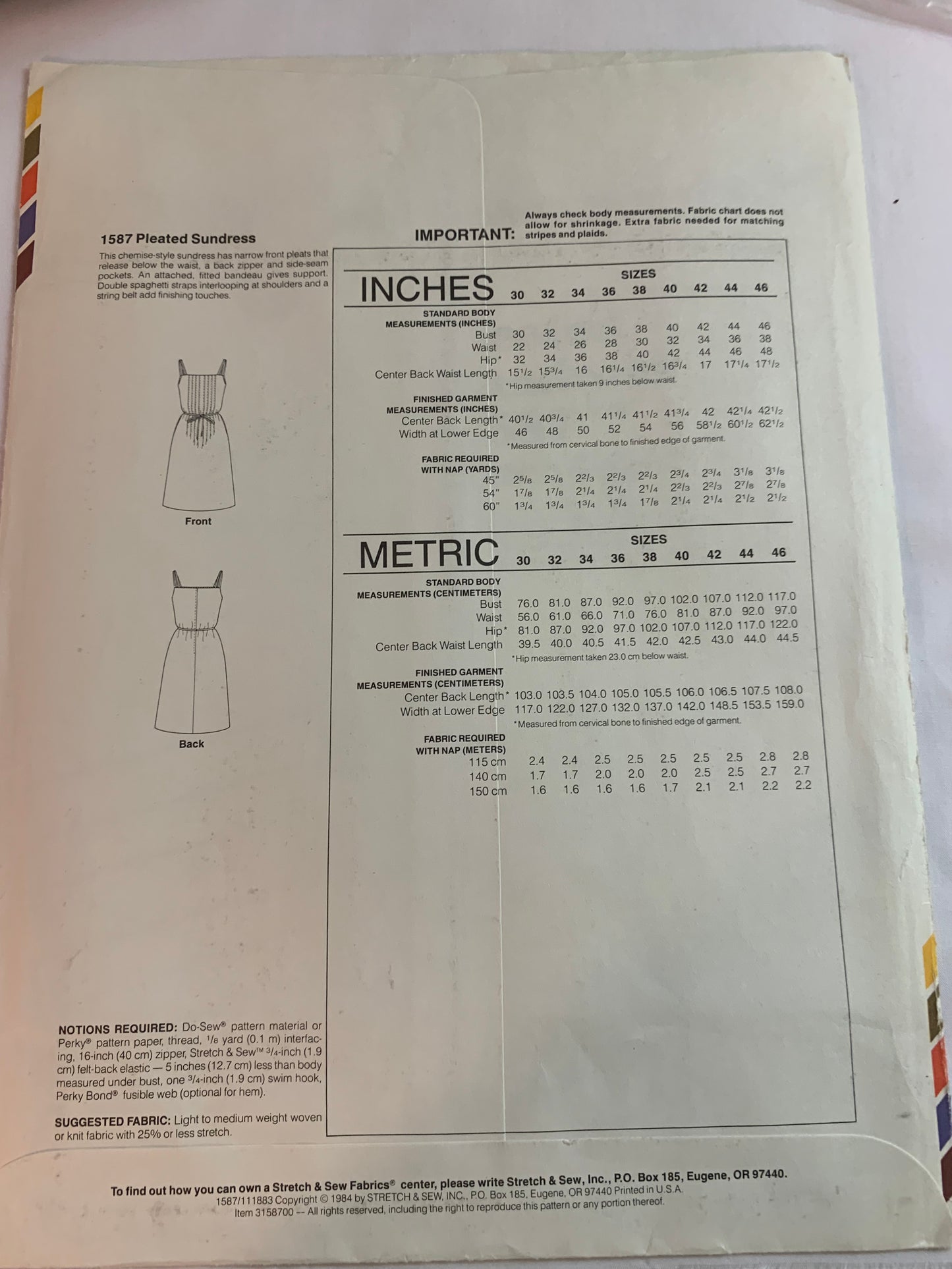 Stretch & Sew Sewing Pattern 1587 Misses' Pleated Sundress, Sleeveless, Shoulder Straps, Pleats, Zipper Back, Size Bust 30-46, Uncut, Vintage 1984