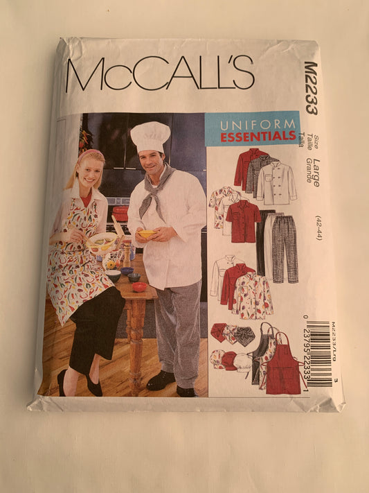McCall's Sewing Pattern M2233 Misses'/Men's Kitchen Uniforms Jacket, Shirt, Pants, Hat, Scarfs, Aprons, Pockets, Button Front, Long/Short Sleeves, Size 42-44, Cut, Vintage 1999