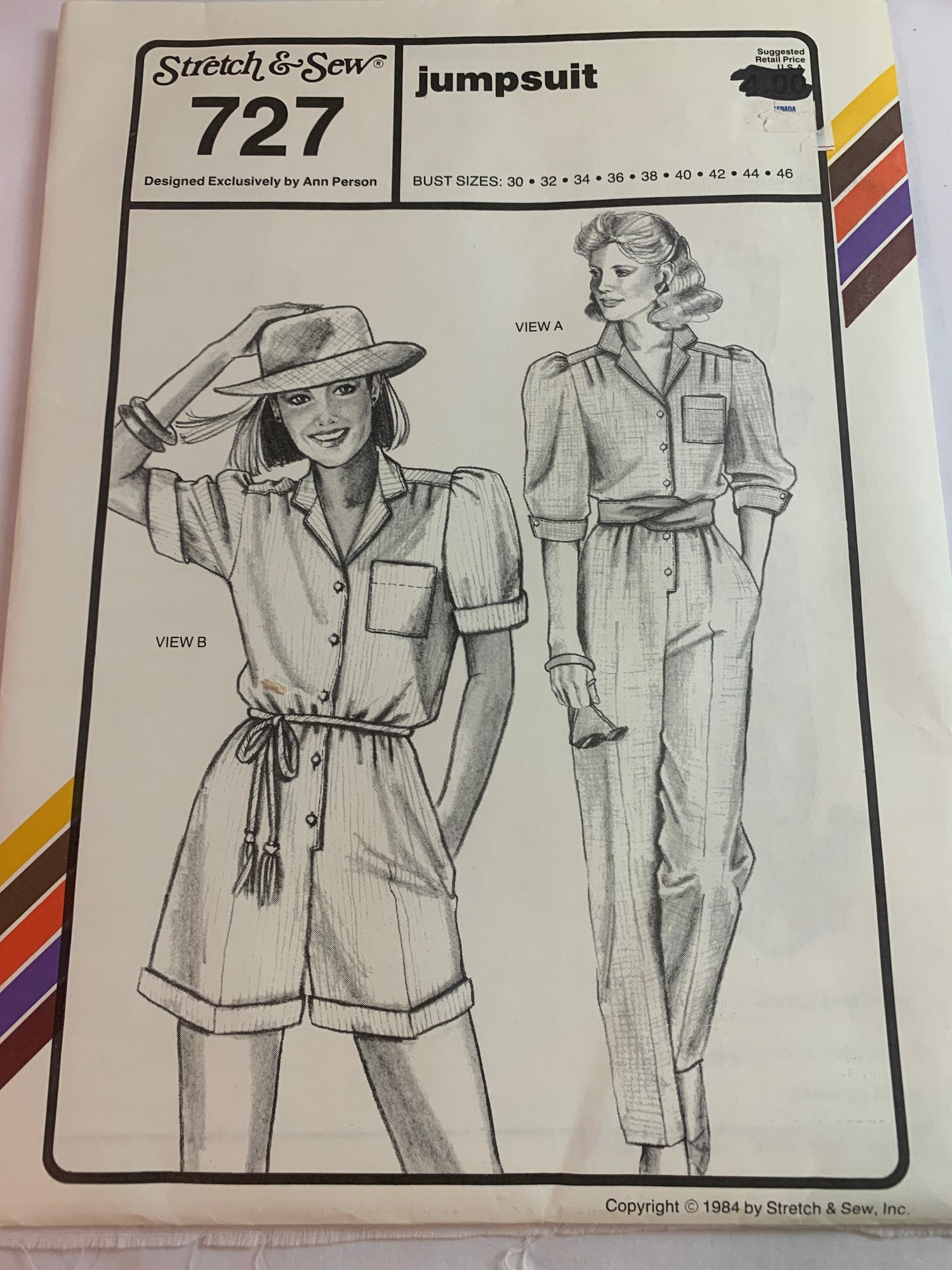 Stretch & Sew Sewing Pattern 727 Misses' Jumpsuit, Pockets, 2 Lengths, Button Front, Long/Short Sleeves, Size Bust 30-46, Uncut, Vintage 1985