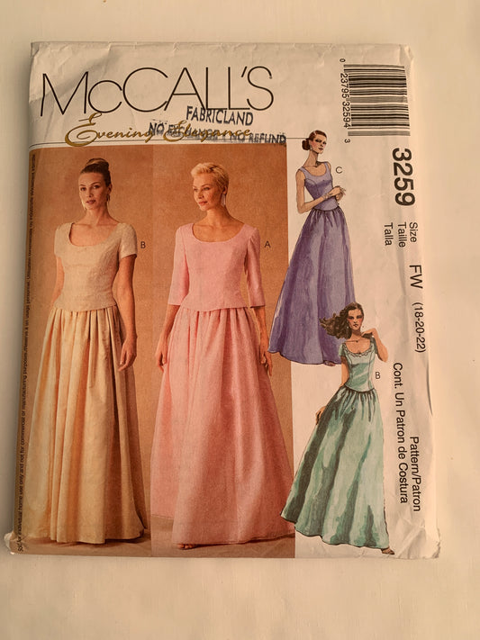 McCall's Sewing Pattern 3259 Misses'/Miss Petite, Lined Tops, Skirt, Zipper Back, Floor Length, Evening Gown, Long/Short Sleeves, Size 18-22, Cut, 2001