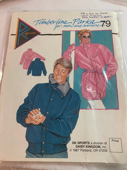 DK Sports Sewing Patterns 79 Adult Timberline Parka, Snap Front, Elastic Waist, Pockets, Zipper Front, Two Lengths, Unisex,  Size XS-L4, Uncut, Vintage 1988