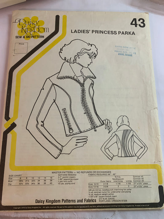 Daisy Kingdom Sports Sewing Patterns 43 Misses' Princess Parka, Zipper Front/Pockets, Long Sleeves, Collar, Size XS-L4, Uncut, Vintage 1988