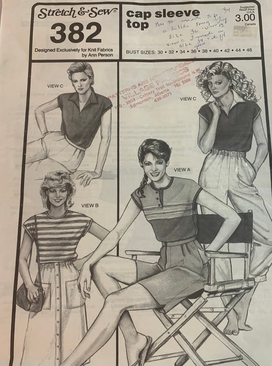 Stretch & Sew Sewing Pattern 382 Misses' Top, Cap Sleeves, Pullover, 3 Variations, Size Bust 30-46, Uncut, Vintage 1984