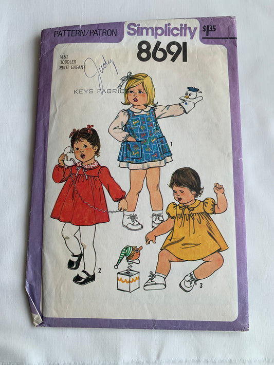Simplicity Sewing Pattern 8691 Toddlers' Dress, Pinafore, Long/Short Sleeves, Button Back, Size 1/2-1, Cut, Vintage 1978