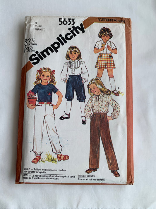 Simplicity Sewing Pattern 5633 Girls' Pull-On Pants, Pockets, Knickers, Culottes, Size 3, Cut, Vintage 1982