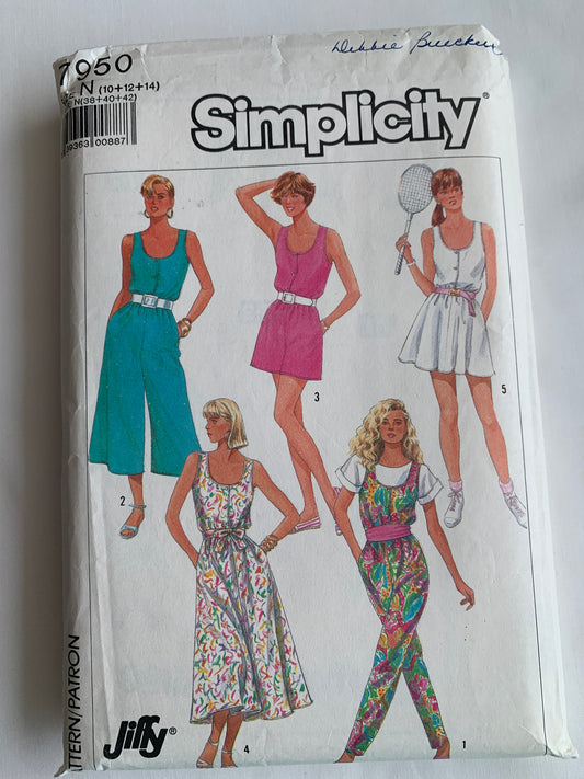 Simplicity Sewing Pattern 7950 Misses'/Miss Petite Dresses, Jumpsuit, Two Lengths, Sleeveless, Button Front, Tie Belt, Size 10, Cut, Vintage 1987