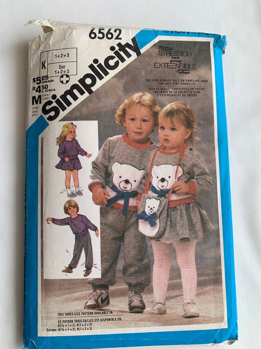 Simplicity Sewing Pattern 6562 Toddlers' Pull on Pants, Pullover Top, Bag, Long Sleeves, Elastic Waist, Size 1-3, Cut, Vintage 1984