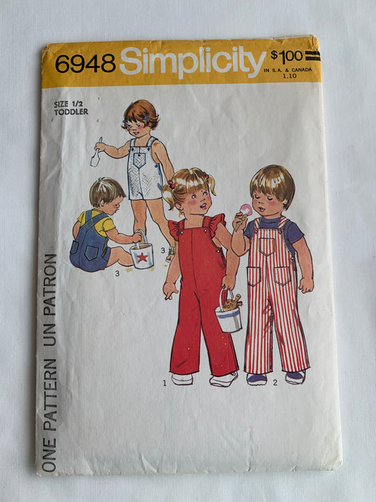 Simplicity Sewing Pattern 6948 Toddlers' Overalls, Two Lengths, Shoulder Straps, Snap Crotch, Pockets, Cut, Size 1/2, Vintage 1975
