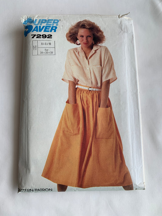 Simplicity Super Saver Sewing Pattern 7292 Skirt, Top, Loose-Fitting, Collar, Pockets, Dolman Sleeves, Side Zipper, Size 6-10, Cut, Vintage 1985